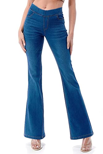 Flare Jeans für Damen, elastisch, zum Hineinschlüpfen, Skinny Flared Bootcut, Denim-Jeggings, Mittelblau, X-Groß von Jvini