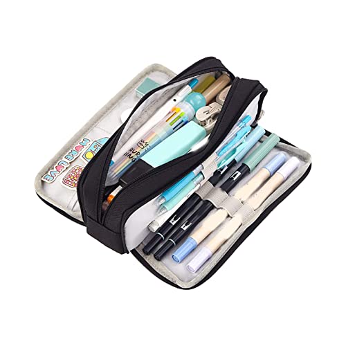 Jwthee Federmäppchen, Segeltuch, großes Fassungsvermögen, 3 Fächer, Schreibwaren-Stiftetuis, Halter, Federmäppchen mit Reißverschluss für Schülerbedarf (Negro) von Jwthee