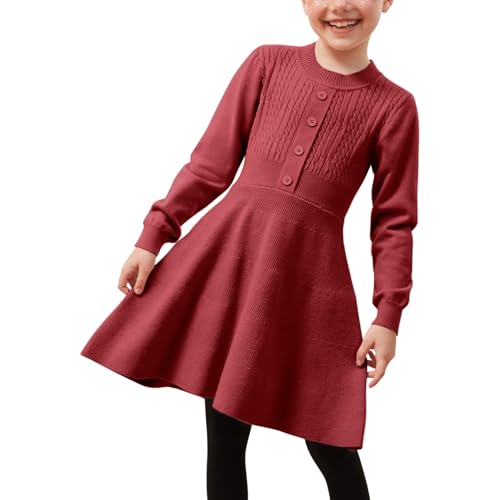 Jxstar Mädchen Strickpullover Kleider Kinder Rüschen Flare Winter Kleid, Burgunder, 8-9 Jahre von Jxstar