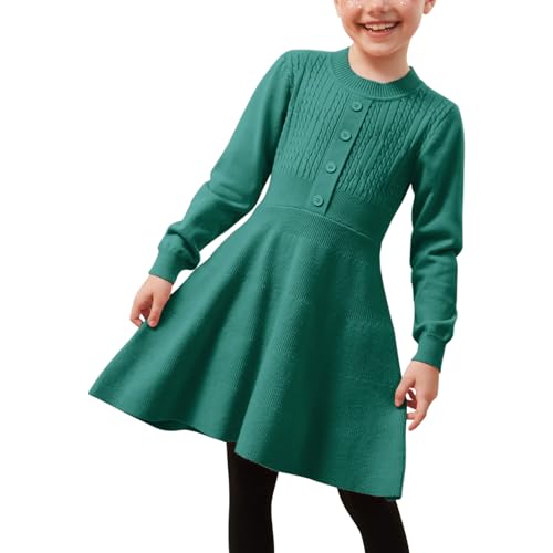 Jxstar Mädchen Strickpullover Kleider Kinder Rüschen Flare Winter Kleid, Grün , 8-9 Jahre von Jxstar