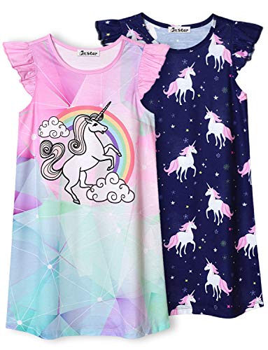 Jxstar Nachthemd für Mädchen, Flatterärmel, Schlafanzug, Baumwolle, Nachtkleid, 2er-Pack - Blau - 8-9 Jahre von Jxstar