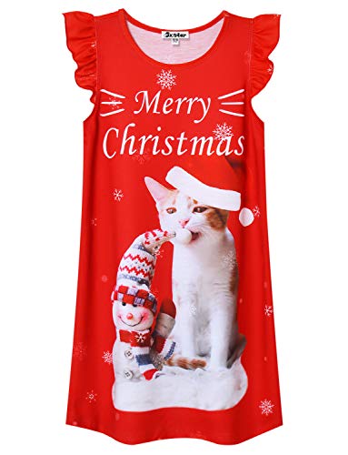 Prinzessin Nachthemd für Mädchen Einhorn Katze Flatterärmel Baumwolle Pyjama Kleid .., Katze Weihnachten, 12-13 Jahre von Jxstar