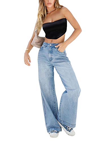 Damen Y2K High Waist Jeans Weites Bein Ausgestellte Denim Hose Casual Baggy Pants E-Girl Vintage Streetwear Gr. XS, dunkelblau von Jxzom