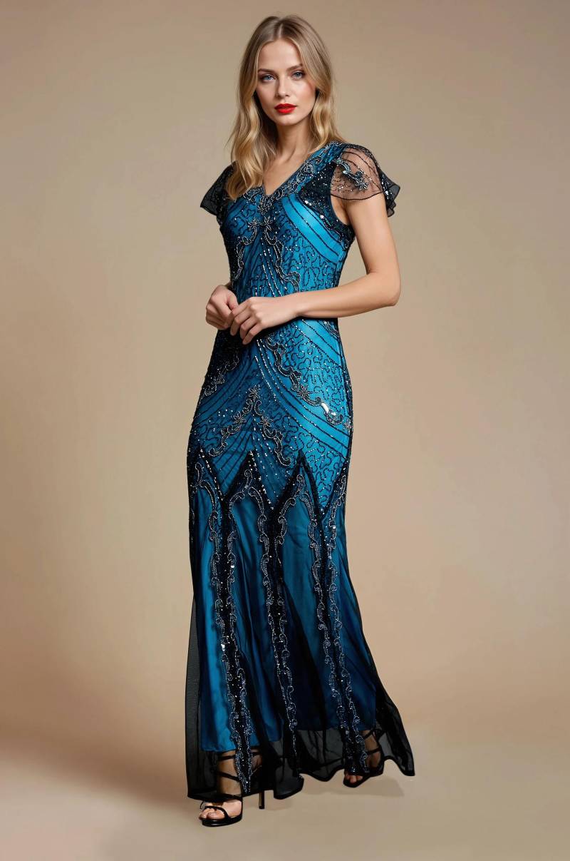Evelyn 1920Er Great Gatsby Inspiriertes Kleid, Downton Abtei, Blaues Formelles Hochzeitskleid, Langes Abendkleid, Flapper Beaded Prom Plus Size von Jywal