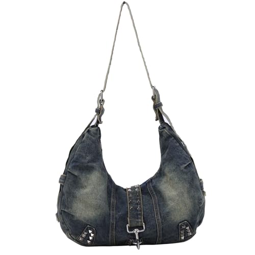 Jywmsc Denim Handtasche für Frauen Retro Jean Crossbody Tasche Studded Schultertasche Casual Hobo Handtasche von Jywmsc