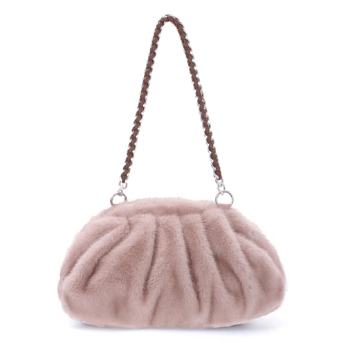 Jywmsc Pelz-Clutch-Handtasche für Damen Formelle Abendhandtasche aus Kunstfell Plüsch-Handtasche mit Rüschen und Wolkenmuster von Jywmsc