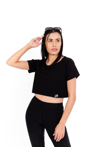 K-BRIGHT Damen Crop Top Kurzarm Basic Nachhaltig Bio Baumwolle Freizeit Sportoberteil Essential Shirt Gym Tshirt Bauchfrei Fitness Vegan GOTS (Schwarz) (S) von K-BRIGHT