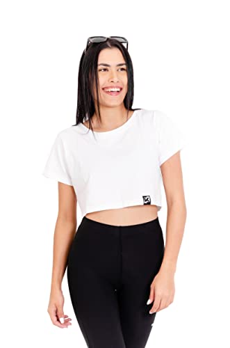 K-BRIGHT Damen Crop Top Kurzarm Basic Nachhaltig Bio Baumwolle Freizeit Sportoberteil Essential Shirt Gym Tshirt Bauchfrei Fitness Vegan GOTS (Weiß) (M) von K-BRIGHT