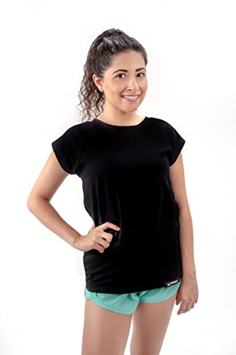 K-BRIGHT Damen T-Shirt Kurzarm Basic Nachhaltig Bio Baumwolle Freizeit T-Shirt Essential Shirt Gym Fledermaus Loose Vegan GOTS (Schwarz) (XL) von K-BRIGHT