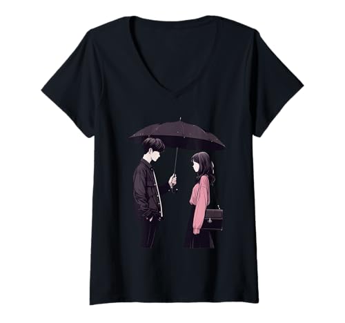 Damen K-Drama Lover Koreanischer Drama Boy mit Regenschirm Kawaii Kdrama T-Shirt mit V-Ausschnitt von K-Drama Merchandise Gifts KDrama Lover Women Teen