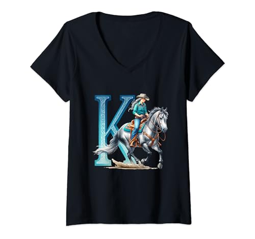 Damen K Initiale Cowgirl Pferd Monogramm Mädchen Alphabet Buchstabe K T-Shirt mit V-Ausschnitt Damen K Initiale Cowgirl Pferd Monogramm Mädchen Alphabet Buchstabe K T-Shirt mit V-Ausschnitt von K Initial Horse Cowgirl Monogram Tees