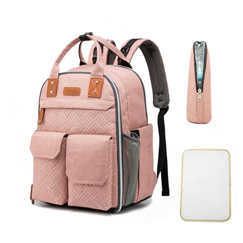 K KELBEL Wickeltasche Baby Wickelrucksack,Multifunktional Babytaschen mit Tragbarer Wickelunterlage,Groß Babyrucksack -Kinderwagengurte,Baby Tasche für Mama und Papa,Rosa von K KELBEL