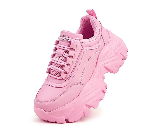 K KIP WOK Chunky Sneakers für Frauen Mode Plattform Weiß Leder Casual Dad Schuhe Bequeme Keil Walking Sport Sneakers, Pink, 37 EU von K KIP WOK