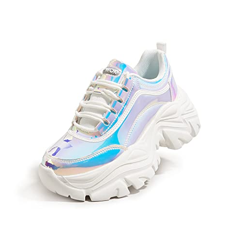 K KIP WOK Große Sneaker für Damen, modische Plattform, weißes Leder, lässige Papa-Schuhe, bequeme Keilabsatz, Walking-Sport-Sneaker, Weißes Hologramm, 38 EU von K KIP WOK