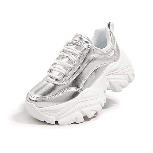 K KIP WOK Große Sneaker für Damen, modische Plattform, weißes Leder, lässige Papa-Schuhe, bequeme Keilabsatz, Walking-Sport-Sneaker, silber, 37 EU von K KIP WOK