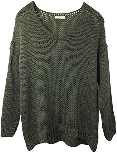 Damen Pullover Grobstrick Oversize Over Shoulder Pulli V-Ausschnitt Wolle/Mohair - Mischung, Made in Italy von K-Milano