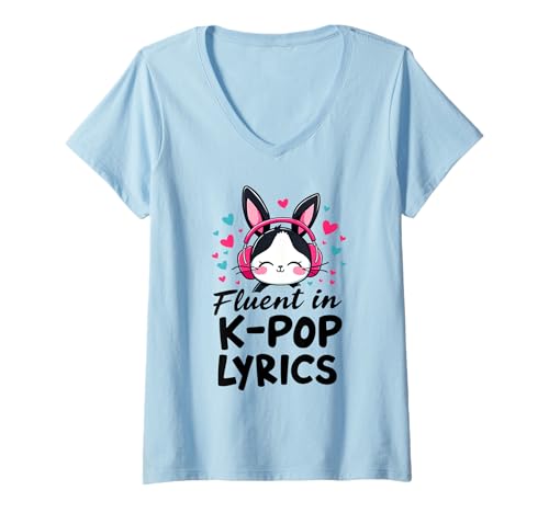 Damen Fluent In K-POP Süßer Hase Koreanische Musik Korea Häschen T-Shirt mit V-Ausschnitt von K-Pop Musik Style Korea Fans Herz