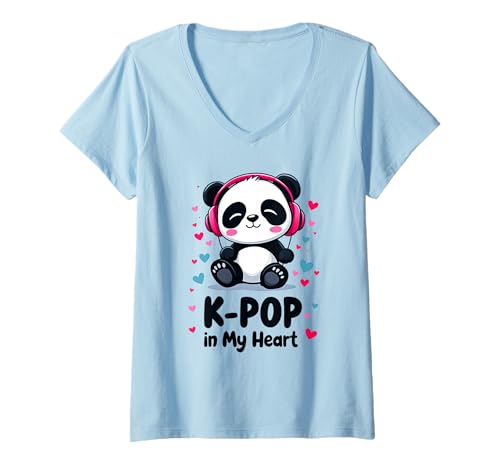 Damen K-Pop In My Heart Süßer Panda Koreanische Musik Südkorea T-Shirt mit V-Ausschnitt von K-Pop Musik Style Korea Fans Herz