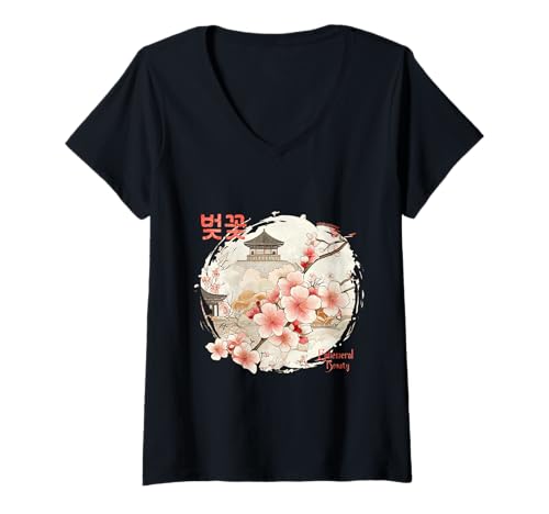 Damen Koreanische Kirschblüte in ästhetischer Grunge Retro Kpop T-Shirt mit V-Ausschnitt von K-Style Streetwear