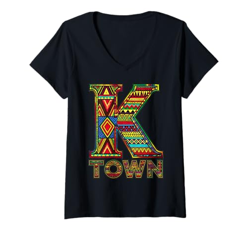 Damen Bunter K Town Custom Design Print - Vibrant Urban Style T-Shirt mit V-Ausschnitt von K Town Vibes
