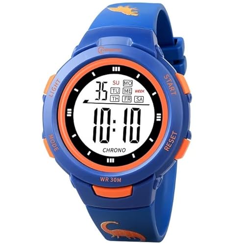 K&L Wall Art Kinder Armbanduhr für Jungen Blaue Dino Kinderuhr Digitale Armbanduhren mit Wecker (220 x 16mm Silikonarmband Dinosaurier) von K&L Wall Art