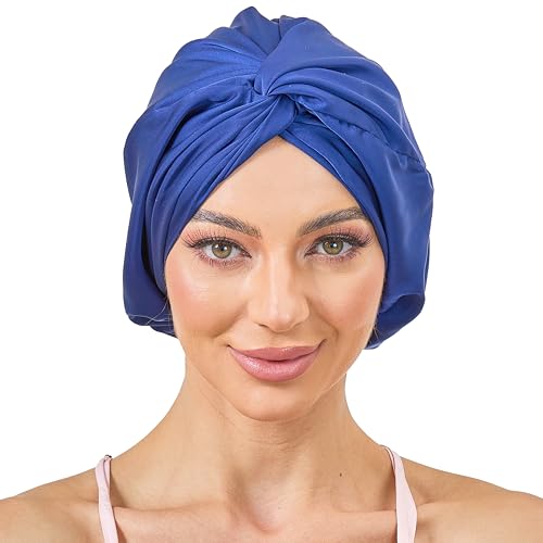 Verstellbare Seidensatinhaube zum Schlafen von Haarwickeln, doppellagige Schlafkappe, Nachtturban für große lange lockige Zöpfe, für Damen und Herren, Marineblau von KAAHYNNO