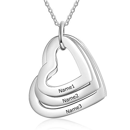 kaululu Halskette Damen Personalisiertes Kette mit Namen Herz 1-4 Familie Kinder Namen Edelstahl Anhänger Namenskette für Mama Muttertagsgeschenk Personalisierter Schmuck (3 Heart 1#) von kaululu