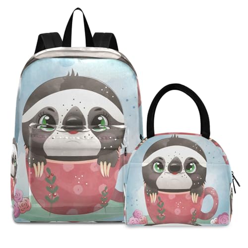 Aquarell Baby Faultier Rose Büchertasche Lunchpaket Set Schulter Rucksacks Bookbag Kinderrucksack Isolierte Lunchbox-Tasche für Mädchen Jungs von KAAVIYO