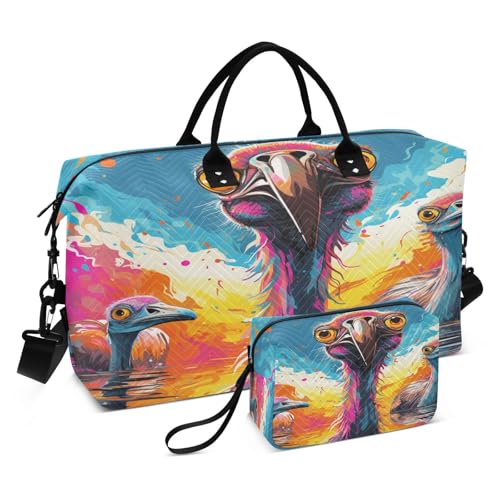 Aquarell Strauße Cartoon-Kunst Sporttasche Handtasche mit Make-up Aufbewahrungstasche Badetasche für Reisen Mädchen Männer von KAAVIYO