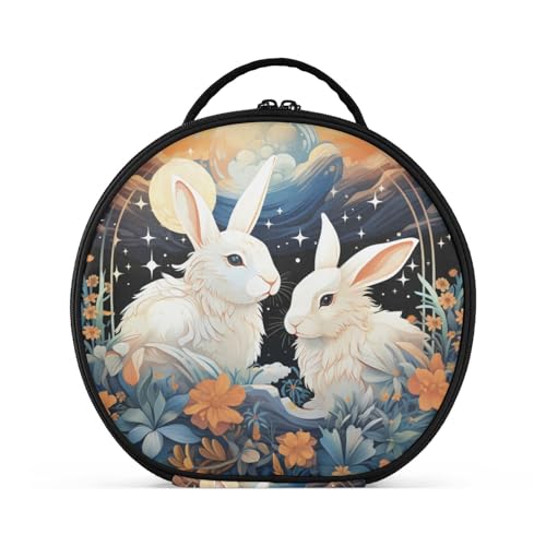 Ausgefallene Aquarell-Weiße Kaninchen Reißverschluss Kulturbeutel Rund Kosmetiktasche Kreativ Make up Taschen mit Verstellbaren Trennern für Mädchen von KAAVIYO