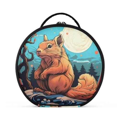 Ausgefallenes Aquarell Eichhörnchen Mond Reißverschluss Kulturbeutel Rund Kosmetiktasche Kreativ Make up Taschen mit Verstellbaren Trennern für Mädchen von KAAVIYO