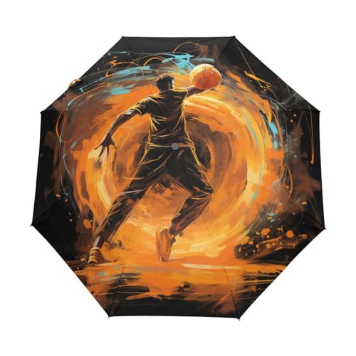 Basketball-Aquarellkunst Regenschirm Automatik Auf-Zu Taschenschirm Umbrella Kompakt Schirme für Jungen Mädchen Strand Frauen von KAAVIYO