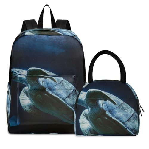 Blaue Meeresschildkröte Büchertasche Lunchpaket Set Schulter Rucksacks Bookbag Kinderrucksack Isolierte Lunchbox-Tasche für Mädchen Jungs von KAAVIYO