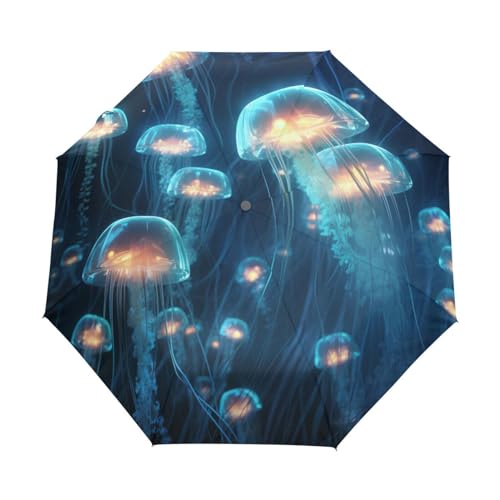 Blaue Qualle, Dunkles Meer, Kunst Regenschirm Automatik Auf-Zu Taschenschirm Umbrella Kompakt Schirme für Jungen Mädchen Strand Frauen von KAAVIYO