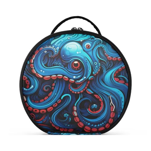 Blauer Oktopus Abstrakter Stil Reißverschluss Kulturbeutel Rund Kosmetiktasche Kreativ Make up Taschen mit Verstellbaren Trennern für Mädchen von KAAVIYO