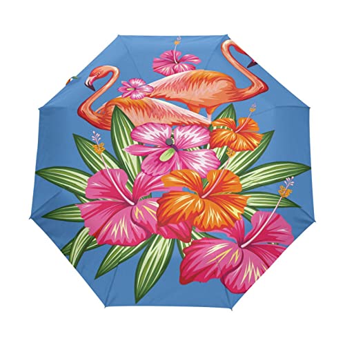 Blume Hübscher Blauer Flamingo Regenschirm Automatik Auf-Zu Taschenschirm Umbrella Kompakt Schirme für Jungen Mädchen Strand Frauen von KAAVIYO