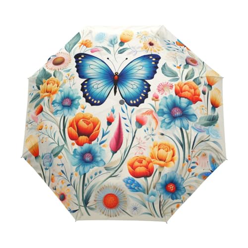Blumen-Schmetterlingsmuster Regenschirm Automatik Auf-Zu Taschenschirm Umbrella Kompakt Schirme für Jungen Mädchen Strand Frauen von KAAVIYO