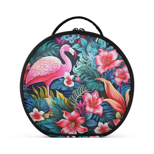 Blumenkunstwerk Flamingo Reißverschluss Kulturbeutel Rund Kosmetiktasche Kreativ Make up Taschen mit Verstellbaren Trennern für Mädchen von KAAVIYO
