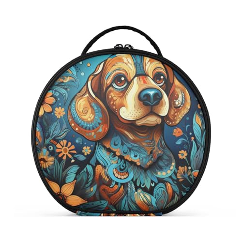 Blumenkunstwerk Hund Reißverschluss Kulturbeutel Rund Kosmetiktasche Kreativ Make up Taschen mit Verstellbaren Trennern für Mädchen von KAAVIYO