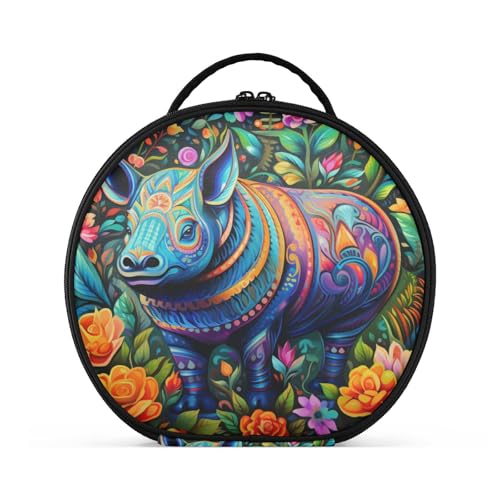 Blumenkunstwerk Nashorn Reißverschluss Kulturbeutel Rund Kosmetiktasche Kreativ Make up Taschen mit Verstellbaren Trennern für Mädchen von KAAVIYO