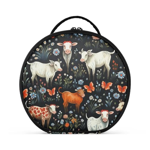Blumenmuster Süße Kühe Reißverschluss Kulturbeutel Rund Kosmetiktasche Kreativ Make up Taschen mit Verstellbaren Trennern für Mädchen von KAAVIYO