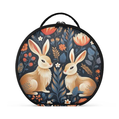 Blumenmuster Süßes Kaninchen Reißverschluss Kulturbeutel Rund Kosmetiktasche Kreativ Make up Taschen mit Verstellbaren Trennern für Mädchen von KAAVIYO