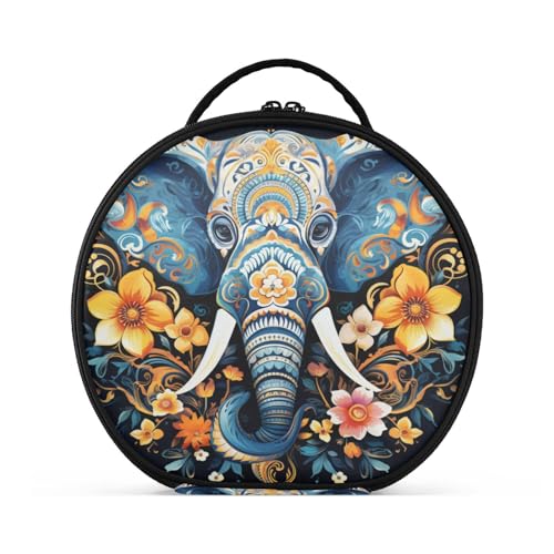 Bunte Elefantenblumenkunst Reißverschluss Kulturbeutel Rund Kosmetiktasche Kreativ Make up Taschen mit Verstellbaren Trennern für Mädchen von KAAVIYO