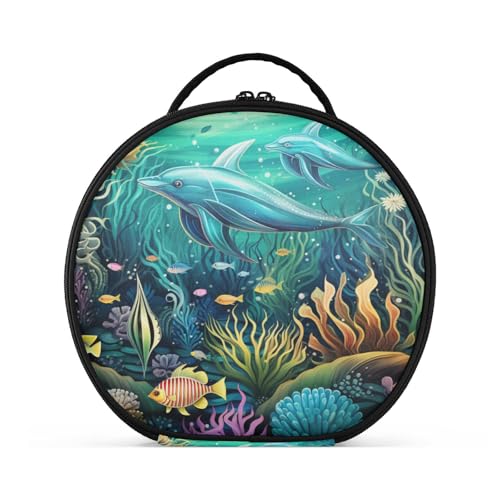 Bunte Meerestiere Kunst Reißverschluss Kulturbeutel Rund Kosmetiktasche Kreativ Make up Taschen mit Verstellbaren Trennern für Mädchen von KAAVIYO