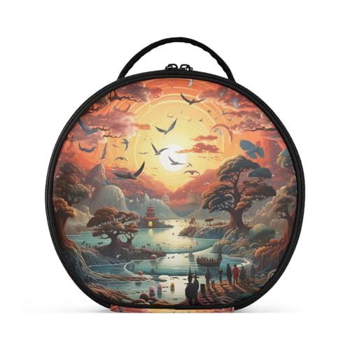 Coole Abstrakte Kunst Mond Vögel Reißverschluss Kulturbeutel Rund Kosmetiktasche Kreativ Make up Taschen mit Verstellbaren Trennern für Mädchen von KAAVIYO