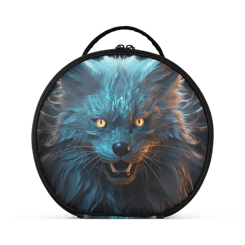 Cooler Blauer Wütender Fuchs Reißverschluss Kulturbeutel Rund Kosmetiktasche Kreativ Make up Taschen mit Verstellbaren Trennern für Mädchen von KAAVIYO