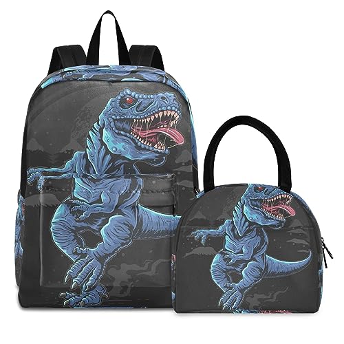 Dinosaurier Blaues Monster Büchertasche Lunchpaket Set Schulter Rucksacks Bookbag Kinderrucksack Isolierte Lunchbox-Tasche für Mädchen Jungs von KAAVIYO