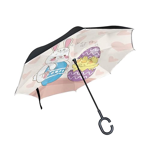 Ei Küken Süßes Kaninchen Ostern Invertierter Regenschirm UV-Schutz Winddichter Umbrella Invertiert Schirm Kompakt Umkehren Schirme für Auto Jungen Mädchen Reise Strand Frauen von KAAVIYO