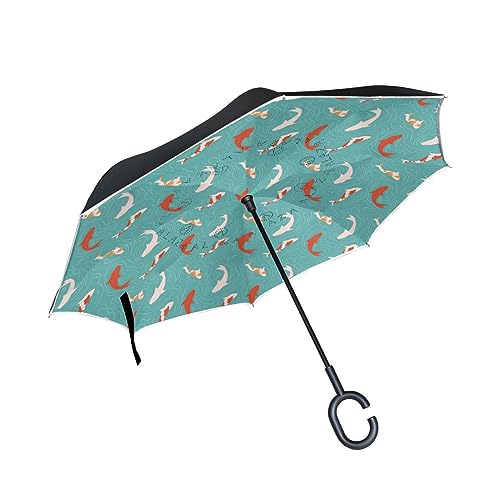 Fisch Karpfen Süßer Cartoon Koi Invertierter Regenschirm UV-Schutz Winddichter Umbrella Invertiert Schirm Kompakt Umkehren Schirme für Auto Jungen Mädchen Reise Strand Frauen von KAAVIYO