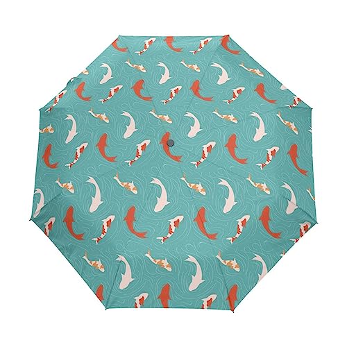 Fisch Karpfen Süßer Cartoon Koi Regenschirm Taschenschirm Auf-Zu Automatik Schirme Winddicht Leicht Kompakt UV-Schutz Reise Schirm für Jungen Mädchen Strand Frauen von KAAVIYO